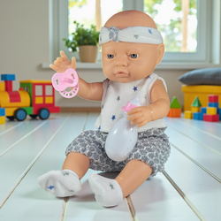 LALKA BOBAS CHŁOPCZYK 42 CM REALISTYCZNY STRÓJ SPORTOWY BUTELKA SMOCZEK