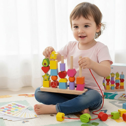 DREWNIANA UKŁADANKA KLOCKI SORTER KORALIKI ZESTAW DO NAWLEKANIA 25 el.