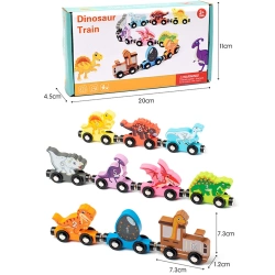 Kolejka Drewniana DINO Pociąg na Magnes DINOZAURY Wagony Zestaw dla Dzieci
