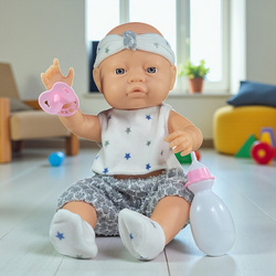 LALKA BOBAS CHŁOPCZYK 42 CM REALISTYCZNY STRÓJ SPORTOWY BUTELKA SMOCZEK