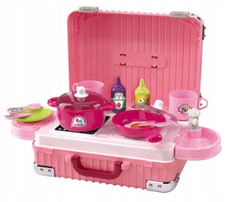 KUCHNIA DLA DZIECI KOMPLET Z GARNKAMI RÓŻOWA ZABAWKOWA WALIZKA 35 DODATKÓW