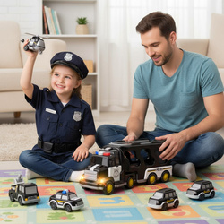 ZESTAW POLICYJNY AUTO POLICJA TRANSPORTER GARAŻ CIĘŻARÓWKA NA BATERIE Z LED