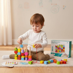 DREWNIANA UKŁADANKA KLOCKI SORTER KORALIKI ZESTAW DO NAWLEKANIA 25 el.